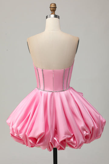 Pink Bodycon Sweetheart Satin Corset Homecoming Dress with Rhinestones